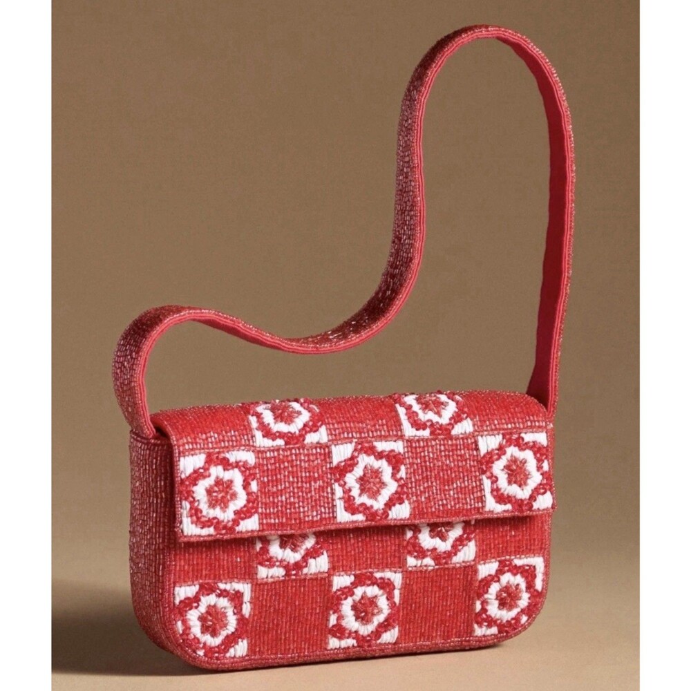 Anthropologie Fiona Beaded Shoulder Bag Red White Checkerboard Floral Flap Purse